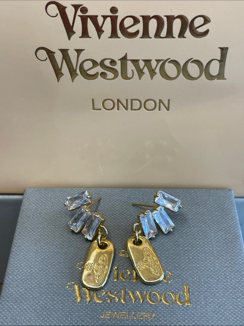 Vivienne Westwood Gold Crystal Drop Earrings Engraved Orb Emblem Y2K - Picture 2 of 6